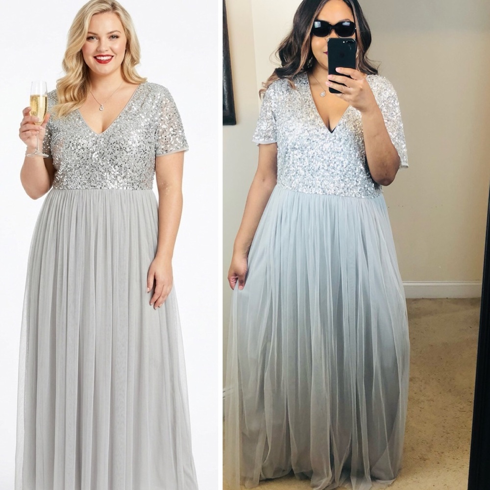 MAYA DELUXE Silver Gray Sequin Tulle Chiffon PLUS SZ Long Formal Evening Dress